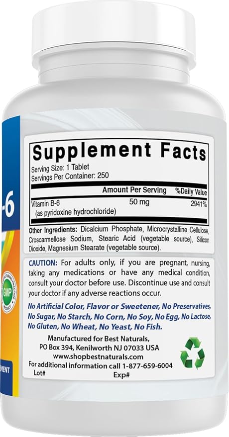 Best Naturals Vitamin B6 50 mg 250 Tablets