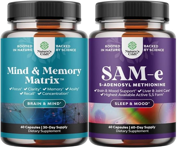 Bundle of Nootropic Brain Supplement - Mental Health & Clarity with VIT A B6 Riboflavin Niacin Thiamin Folate and Sam-E 200mg Mood Support Supplement - S-Adenosyl Methionine for Natural Relaxing Mood