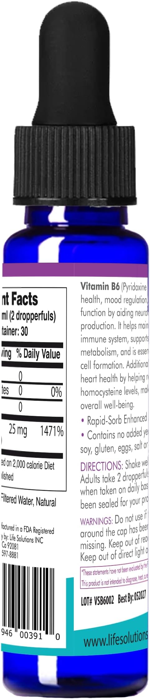 Life Solutions Vitamin B6 Pyridoxine HCI - B Vitamins Supplement, B6 Vitamins 25mg,- Essential B6 Supplement for Metabolism, Energy, and Nervous System Support 2oz Liquid Dropper