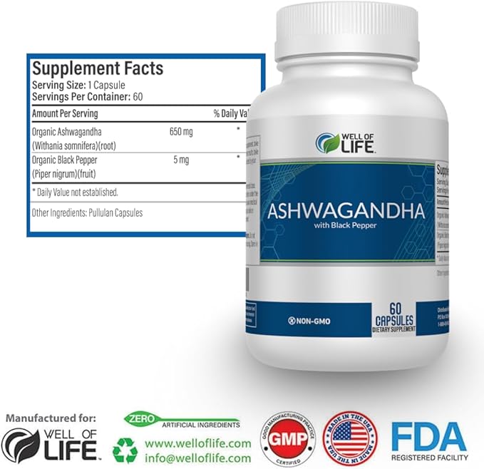 Well of Life Ashwagandha Supplements 1300mg Per Serving – with Black Pepper Extract for Calm, Focus & Sleep Support | 60 Vegan Capsules Non GMO GMP Certified USA Made