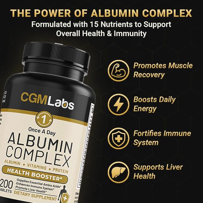 Premium Albumin Complex - Egg White & Whey Protein Blend with Royal Jelly & Essential Amino Acids - Daily Muscle Recovery & Nutrition Supplement - 200 Tablets