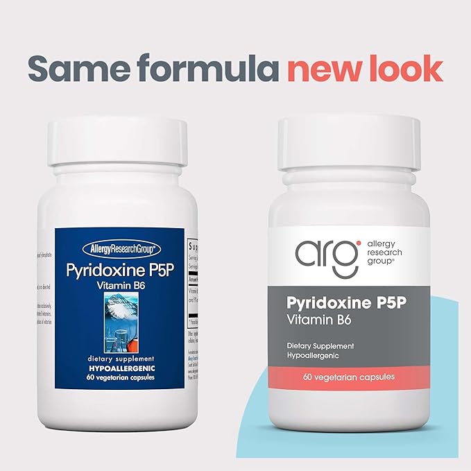 Allergy Research Group Pyridoxine P5P Supplement - Active Vitamin B6 275mg, Pyridoxal-5-Phosphate, Metabolism Support, Hypoallergenic, Vegetarian Capsules - 60 Count