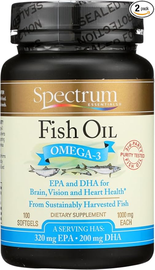 Spectrum Essentials Spectrum Fish Oil, 1000 mg, 100 SoftGels, From Sustainably Harvested Fish, (Pack of 2)