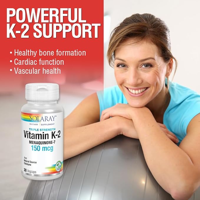 Solaray Triple Strength Vitamin K-2 as MK-7 150 mcg - Vitamin K2 MK7 Supplement for Bone Health Support, Pure Vit K2 as Menaquinone for Women and Men - 30 Vegan Capsules