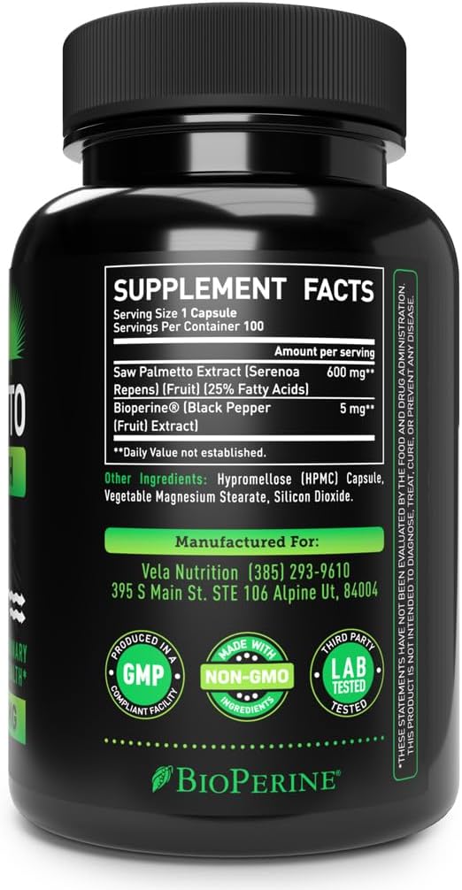 Saw Palmetto Capsules 600mg for Men & Women - Extra Strength DHT Blocker Supplement Capsules - Prostate & Hair Loss Support - 25% Fatty Acids, Bioperine - 100 Count