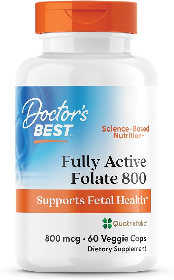 Doctor's Best Folate Supplement 800 mcg for Women & Men - Methylated Folate Capsules 800mcg (5-MTHF), Supports Healthy Fetal Brain Development, Fully Active - 60 Veg Caps