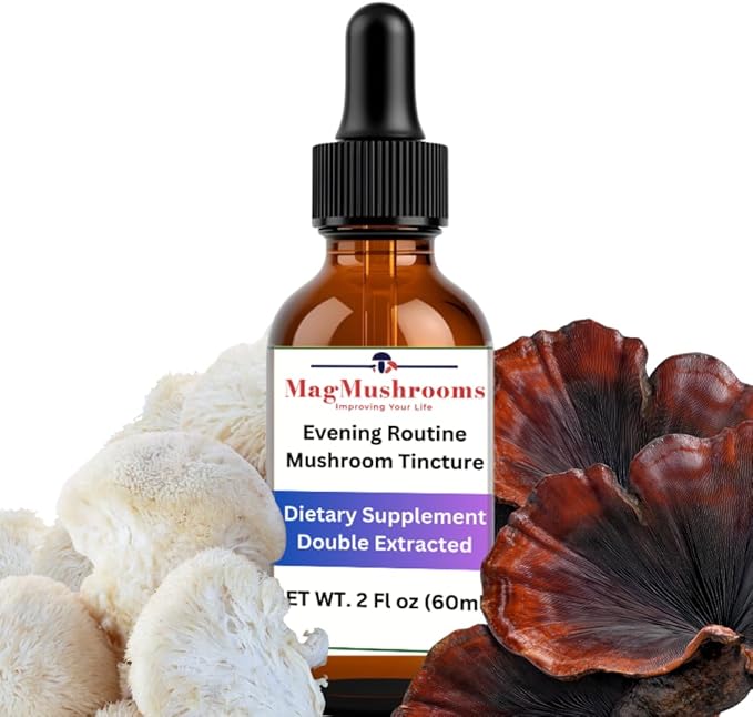 Evening Routine Mushroom Tincture, High Potency, Double Extracted, 60 Daily Doses, Reishi and Lion's Mane