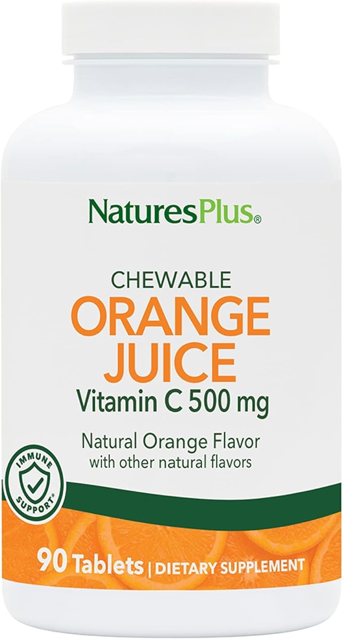 NaturesPlus Orange Juice Chewable Vitamin C - 500 mg, 90 Tablets - High Potency Immune & Vascular Health Support Supplement, Antioxidant - Gentle On Stomach - Vegetarian, Gluten-Free - 90 Servings