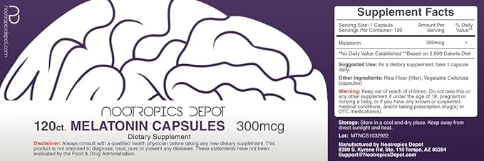 Melatonin Capsules | 300mcg | 120 Pills | Supports Healthy Sleep Cycles | Promotes Relaxation | Natural Sleep Aid Supplement