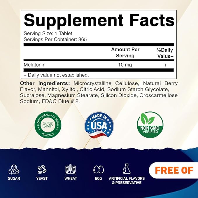 Vitamatic Melatonin 10 mg Tablets | Vegetarian, Non-GMO, Gluten-Free | 1-Year Supply | Natural Berry Flavor - 365 Tablets (Pack of 2)