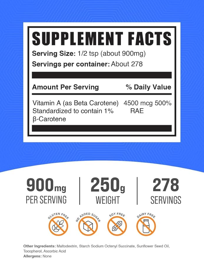 BulkSupplements.com Beta Carotene Powder - Beta Carotene Supplement, Vitamin A Supplement for Immune and Vision Support - Gluten Free, 900mg per Serving, 250g (8.8 oz) (Pack of 1)