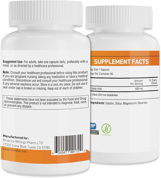 Alpha-Lipoic-Acid 600mg Capsules, ALA-Supplement for Nerve Health, Antioxidant Support & Cellular Energy, 60 Count, Non-GMO, Gluten Free