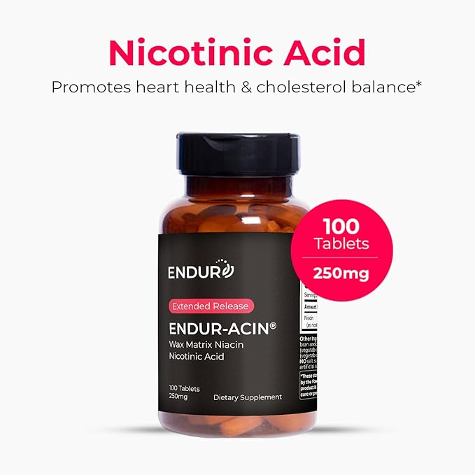 ENDUR-ACIN - Niacin B3 - ER (Extended Release) 250 mg - Nicotinic Acid - Healthy Heart & Cholesterol Balance Supplement - Low-Flush High-Potency Niacin with 4–8 HR Timed-Release Matrix - 200 Tablets