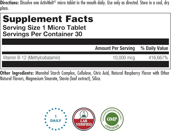 KAL Ultra B12 Methylcobalamin 10,000mcg, High Potency Vitamin B-12 for Healthy Energy, Metabolism, Nerve, Red Blood Cell Support,* Natural Raspberry Flavor, Vegetarian, 30 Micro Tablets, 30 Servings