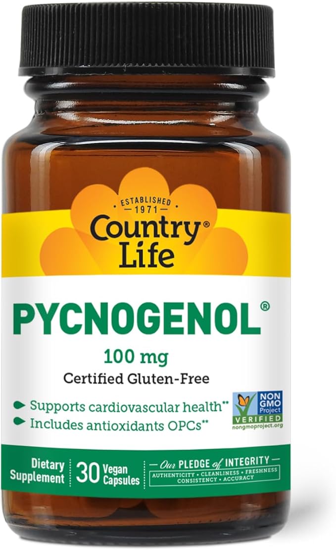 Country Life Pycnogenol 100mg - French Maritime Pine Bark Extract Antioxidants Supplement - Supports Cardiovascular Health - No Yeast, Corn, Wheat, Soy, Milk, Salt, Preservatives - 30 Capsules