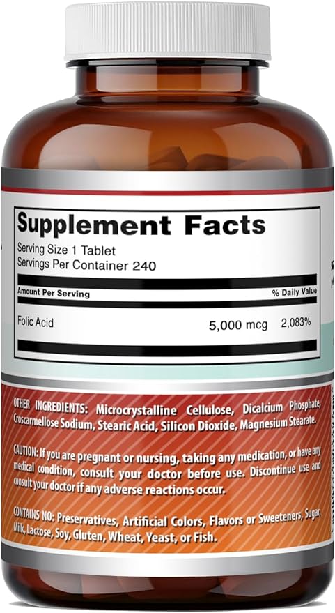 Amazing Formulas Folic Acid 5000 Mcg per Serving | Tablets Supplement | Non-GMO | Gluten-Free | Made in USA (1 Pack | 240 Count)