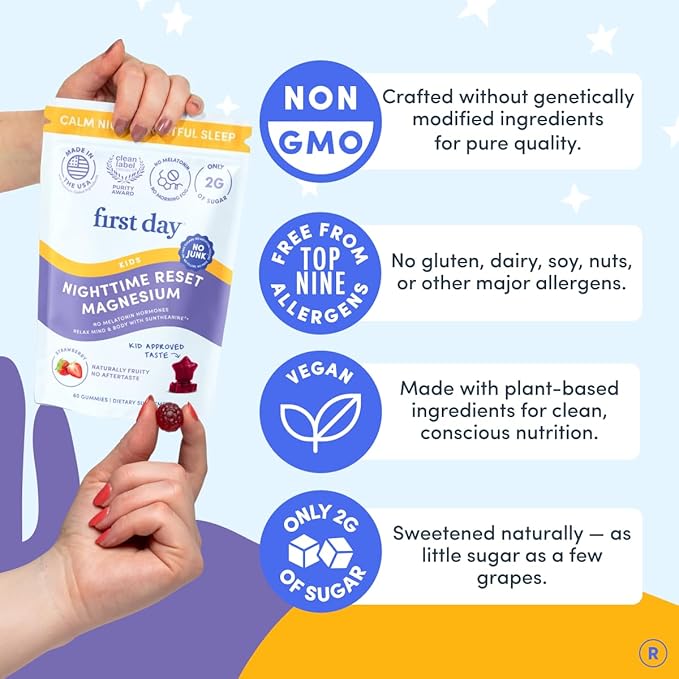 FIRST DAY Magnesium for Kids Gummies – Calm Kids Magnesium Citrate Gummies to Support Sleep & Relaxation – Bedtime Supplement with Suntheanine® L-Theanine, NO Melatonin - Strawberry - 30-Day Supply