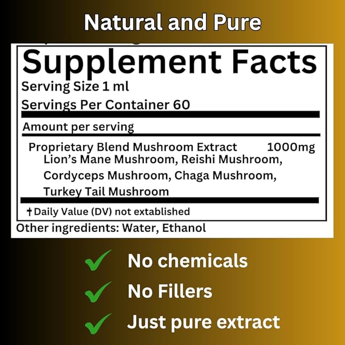 Daily Routine Mushroom Tincture, High Potency, Double Extracted, 60 Daily Doses, Blend of Lion's Mane, Cordyceps, Reishi, Turkey Tail, and Chaga