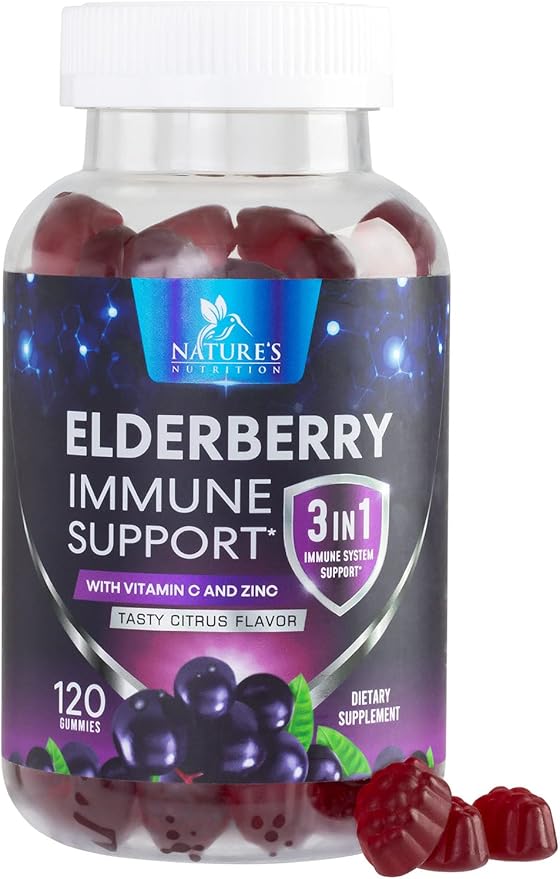 Elderberry Gummies - 3X Strength Black Elderberry Immune Support Gummy with Vitamin C, D3 and Zinc for Kids & Adults, Immune Health Support Supplement Gummy, Black Elder Berry Vitamins - 120 Gummies