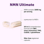 NMN Complex 1,000mg Per Serving, 60 Veggie Capsules | 10-in-1 with Nicotinamide Mononucleotide, Vitamin C, Resveratrol, CoQ10, TMG, Quercetin, & Glutathione | NAD+ Supplement Precursor | Filler Free