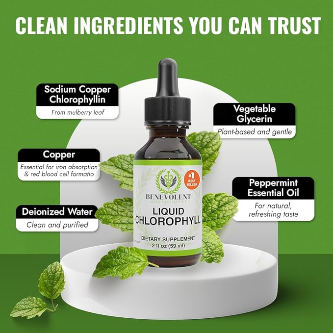 Benevolent Nourishment Chlorophyll Supplement, Detox & Immune Support, Internal Deodorizer, Liquid Drops