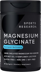 Sports Research® Magnesium Glycinate - Supports Restful Sleep & Enzymatic Processes - 160 mg Chelated Magnesium - Liquid Softgel - 60 Count