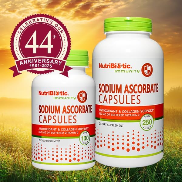 NutriBiotic - Sodium Ascorbate Buffered Vitamin C Capsules, 250 Ct | Vegan, Non-Acidic & Easier on Digestion Than Ascorbic Acid | Essential Immune Support & Antioxidant Supplement | Gluten & GMO Free