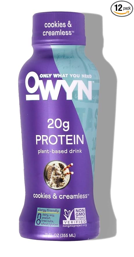 OWYN Only What You Need Plant Based Protein Shake, 20g Vegan Protein from Organic Pumpkin Seed, Flax, Pea Blend, Prebiotic Supplement, Superfood Greens, Gluten & Soy-Free (Cookies & Creamless)