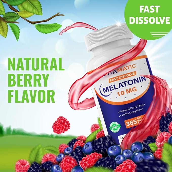 Vitamatic Melatonin 10 mg Fast Dissolve Tablets – Quick-Dissolving Sleep Support Supplement for Adults – Vegetarian, Non-GMO & Gluten-Free – Natural Berry Flavor – 365 Tablets