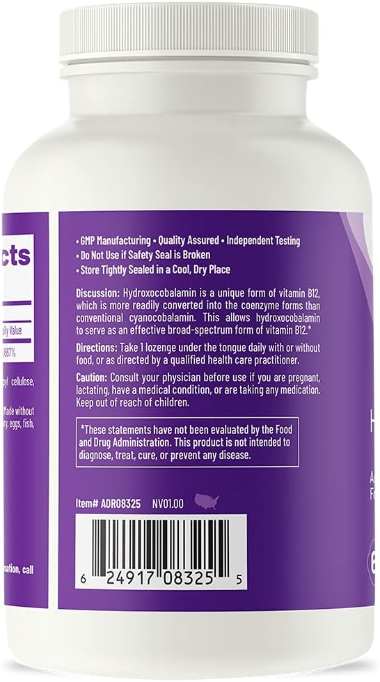 AOR Hydroxy B12 1000mcg 60 Lozenges, 60-Day Supply, Hydroxocobalamin for Daily Vitality, Nervous System Support, Vegan