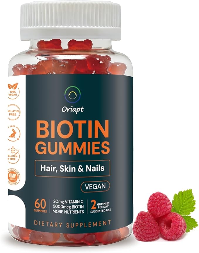 Premium Biotin Gummies with Multivitamins for Stronger Hair, Skin & Nails Raspberry Flavor Vegan Vitamin B7 Men and Women Formula - 60 Vegan Chews (30-Day Supply)‌
