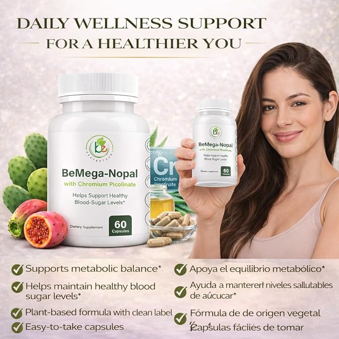 BMega Nopal with Chromium Picolinate - Supports Metabolism & Nutrient Balance - Natural Plant-Based Supplement Helps Support Healthy Blood Sugar Levels & Wellness - 60 Capsules