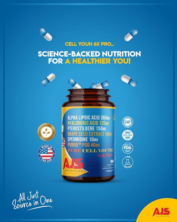 AJS Pure Cell Youth 6X PRO, 90 Capsules -PQQ 40mg, R-Lipoic Acid 360mg, Sodium Hyaluronate 120mg, Pterostilbene 150mg, Grape Seed Extract 50mg, Spermidine 10mg