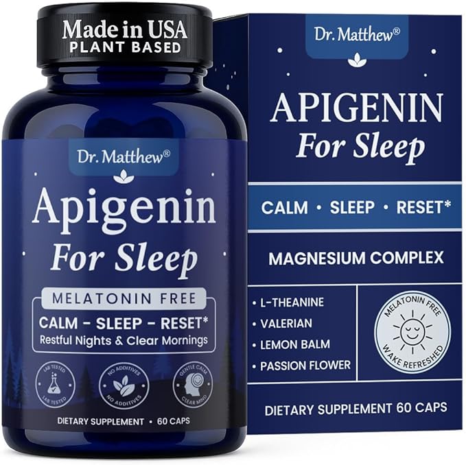 Apigenin Supplement for Sleep. Best Natural Sleep Aid Without Melatonin for Adults. With L-Theanine & Magnesium. Plant-Based Nighttime Support. Apigenina Suplemento.