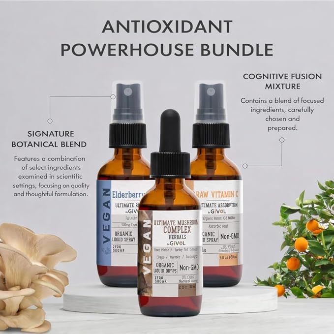 Antioxidant Powerhouse Bundle - Elderberry, Raw Vitamin C, Mushroom Complex - Nutriments, Phytonutrients & Cognitive Well-Being All in One Package - Multivitamins - 2 Fl Oz - 240 Days Supply