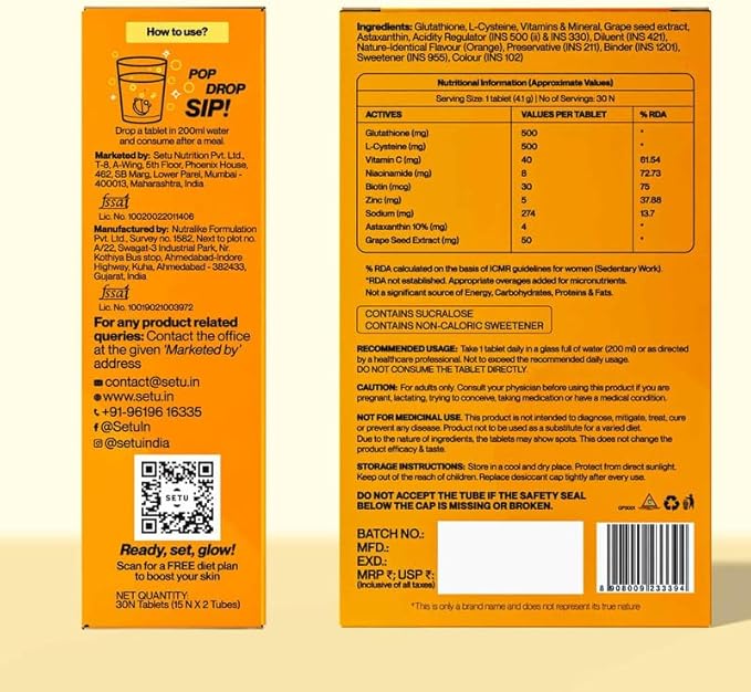 SETU Skin Renew, Glutathione with Vitamin C, Gluta Fizz, Supports Detoxification, Sugar-Free, Orange Flavour, 30 Effervescent Tablets