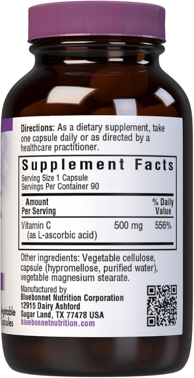 Bluebonnet Nutrition Vitamin C 500 mg Vegetable Capsules, Ascorbic Acid, for Immune Health & Skin Health, Vegan, Vegetarian, Non GMO, Gluten Free, Soy Free, Milk Free, Kosher, 90 Vegetable Capsules