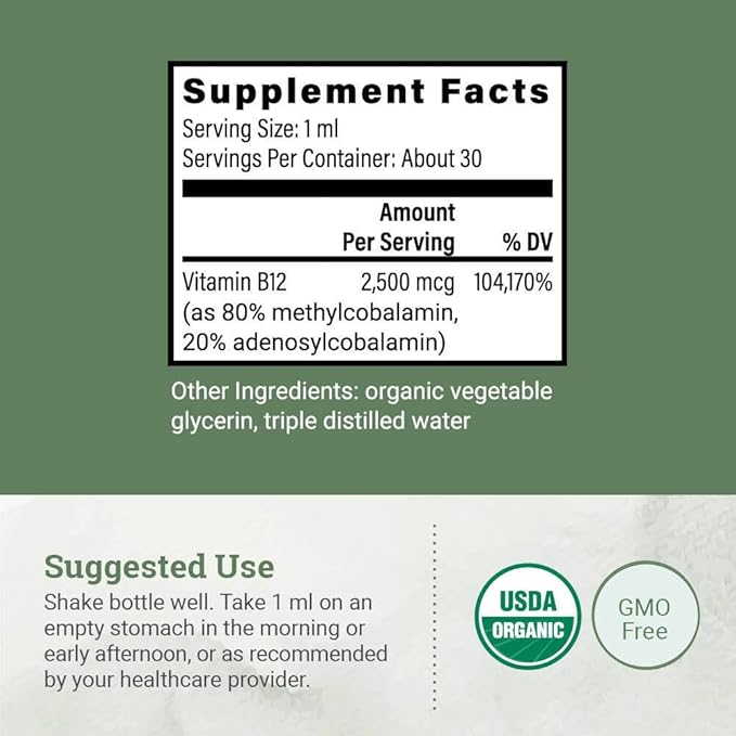 USDA Organic Vitamin B12 2000mcg Sublingual Liquid Supplement (2-Pack) - Vegan Methylcobalamin Drops for Natural Energy, Maintain Metabolism, and Immune System Support - 1 Fl Oz