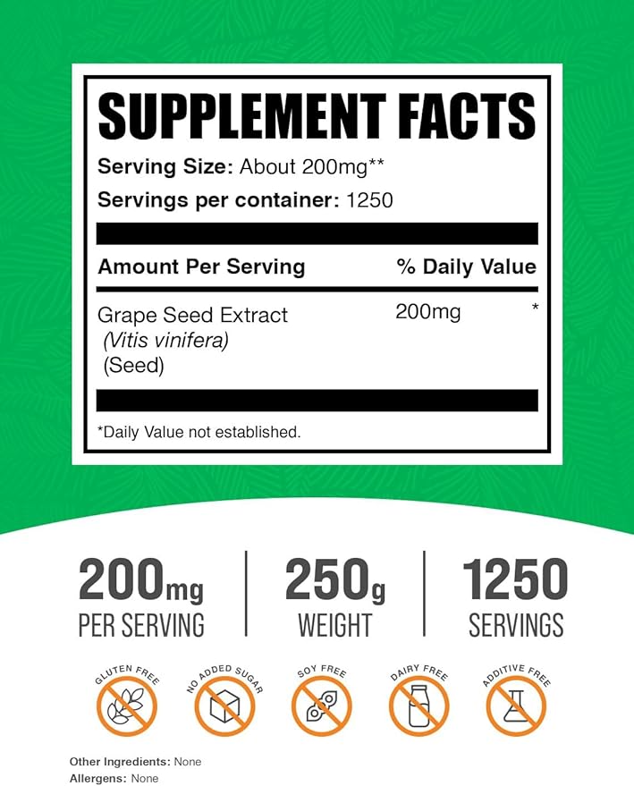 BulkSupplements.com Grape Seed Extract Powder - Antioxidant Supplement, Herbal Supplement - Vegan & Gluten Free, 200mg per Serving, 250g (8.8 oz) (Pack of 1)