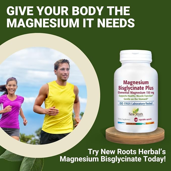 New Roots Herbal Magnesium Bisglycinate Plus, 120 Veggie Capsules 60-Day Supply - 150mg Elemental Magnesium, Supports Active Living, Non-GMO, Gluten-Free, Gentle on Digestion with Superior Absorption