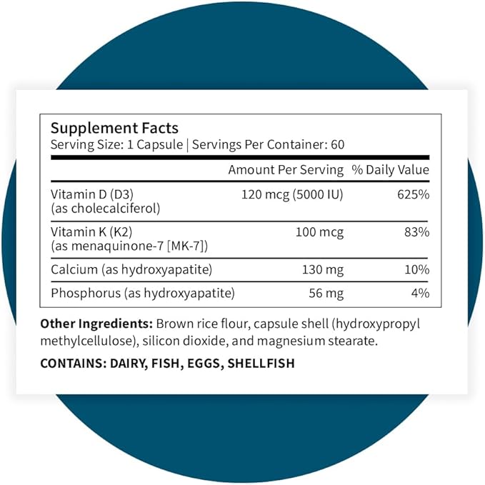 Pattern Wellness Vitamin K2 & D3 Supplement with Calcium – Bone Health, Circulatory Wellness & Immune Support - Non-GMO - 60 Capsules