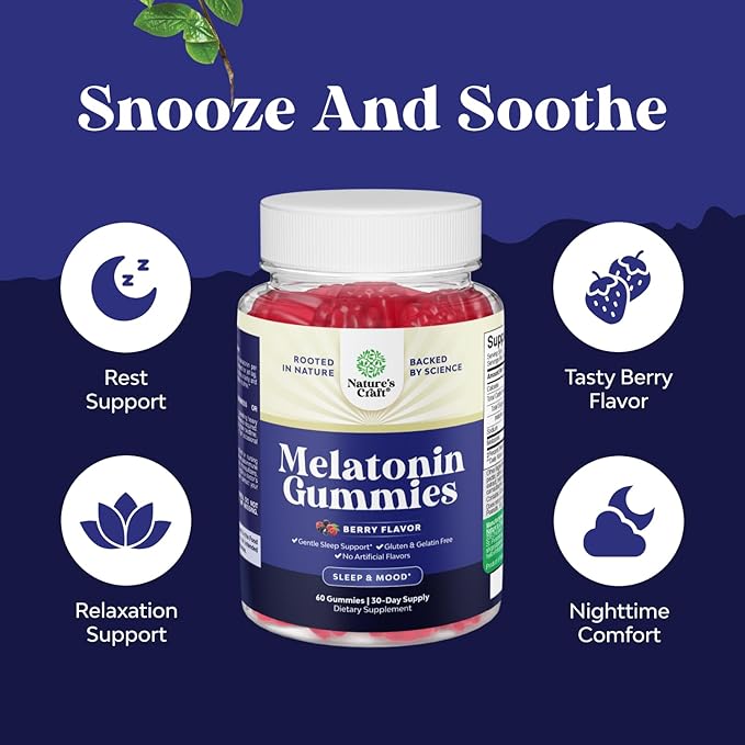 Melatonin Gummies 5mg for Peaceful Nights - Easy to Chew Sleep Gummies for Adults - Helps Support Circadian Rhythm - Delicious Strawberry Flavor - Non-Habit Forming Sleep Aid - Gelatin Free - 60 Count