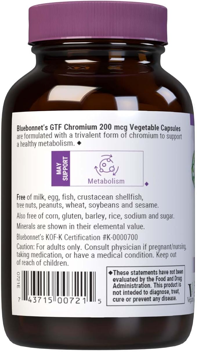 Bluebonnet Nutrition GTF Chromium 200mcg, Essential Minerals Supplement for Women & Men - Soy-Free, Gluten-Free, Non-GMO, Kosher Certified, Dairy-Free, Vegan, 100 Vegetable Capsules