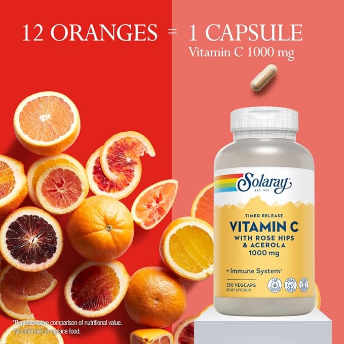 SOLARAY Vitamin C 1000mg - Time Release Vitamin C Capsules w/Rose HIPS and Acerola for Bioflavonoid Support - Two-Stage, All-Day Immune Support - Vegan, 60 Day Guarantee, 250 Servings, 250 VegCaps