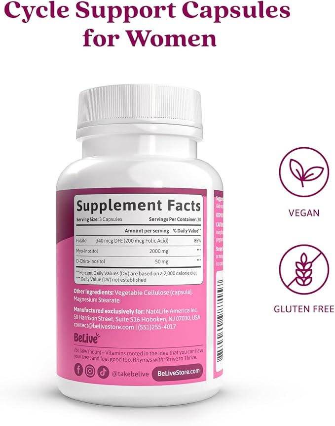 BeLive Myo-Inositol & D-Chiro Inositol Capsules - 90Ct I Inositol Supplement with Folic Acid Supplements for Woman, Optimal 40:1 Ratio (1)