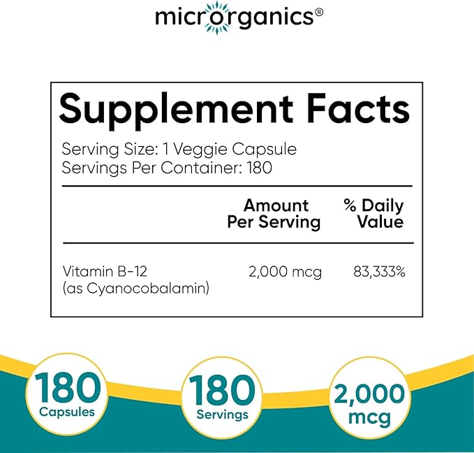 Vitamin B12 2,000 mcg Extra Strength – Energy, Focus & Nervous System Support – Cyanocobalamin Form – 180 Vegan Capsules, 180 Servings