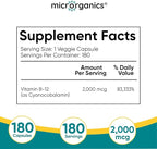 Vitamin B12 2,000 mcg Extra Strength – Energy, Focus & Nervous System Support – Cyanocobalamin Form – 180 Vegan Capsules, 180 Servings