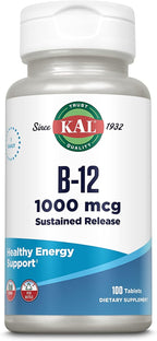 KAL Vitamin B12 1000mcg, Sustained Release Supplement for Healthy Energy, Metabolism, Heart Health, Nerve and Red Blood Cell Support, Long-Lasting Formula, Vegan, 100 Servings, 100 Tablets