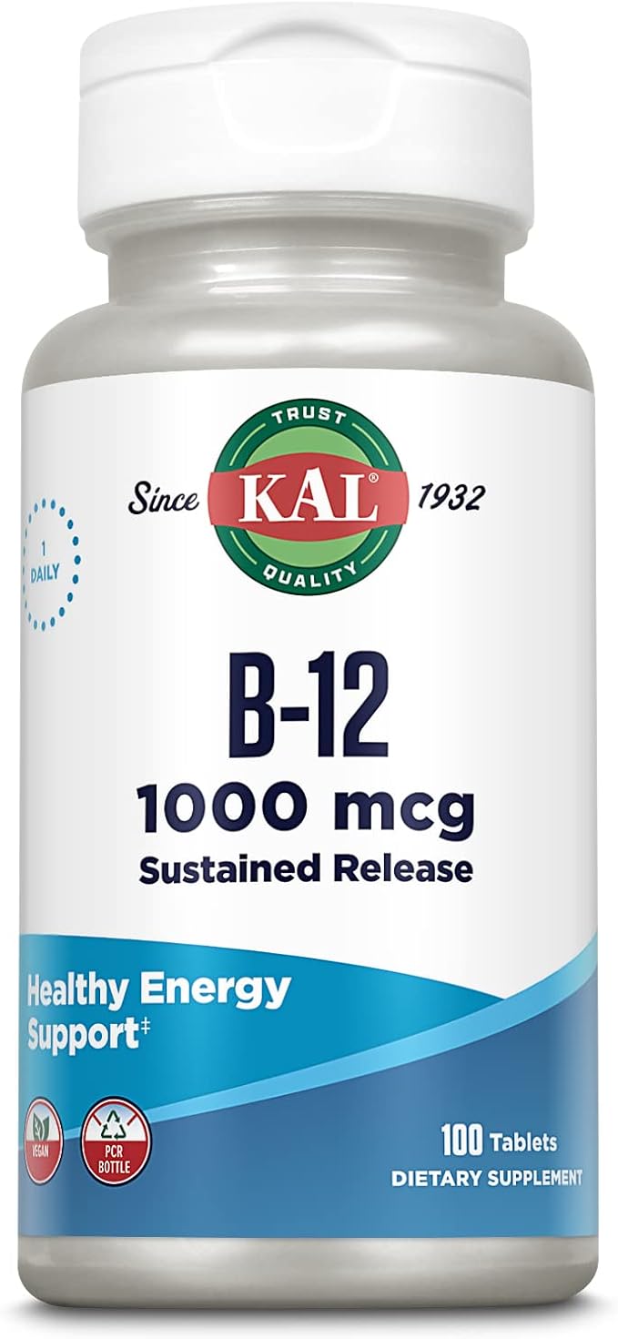 KAL Vitamin B12 1000mcg, Sustained Release Supplement for Healthy Energy, Metabolism, Heart Health, Nerve and Red Blood Cell Support, Long-Lasting Formula, Vegan, 100 Servings, 100 Tablets