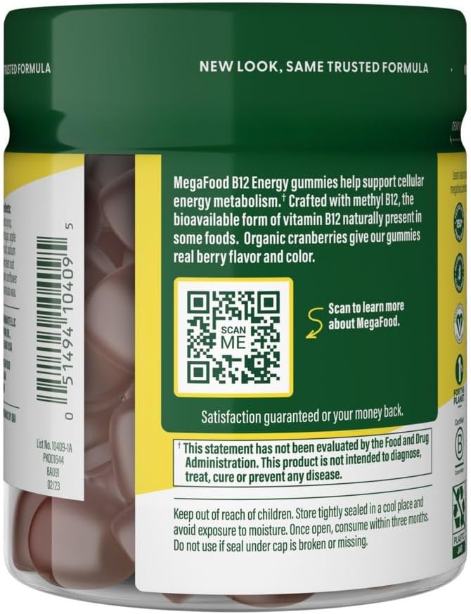 MegaFood Vitamin B12 Energy Gummies - Vegan - With Methyl B12 Vitamins to Support Cellular Energy Production - Cranberry - Daily Vitamin B12 Supplement - USDA Organic - 70 Gummies, 35 Servings